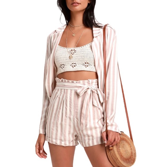 Lulus Pants - Lulu's Ciara Striped Paper Bag Waist Mauve Shorts